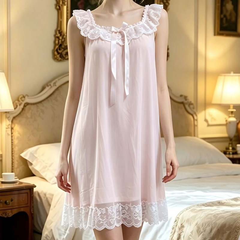 Vintage Fashion Dresses - Damen-Schlafkleid, ärmellos, Rüschen, Netzstoff, Modal, V-Ausschnitt,