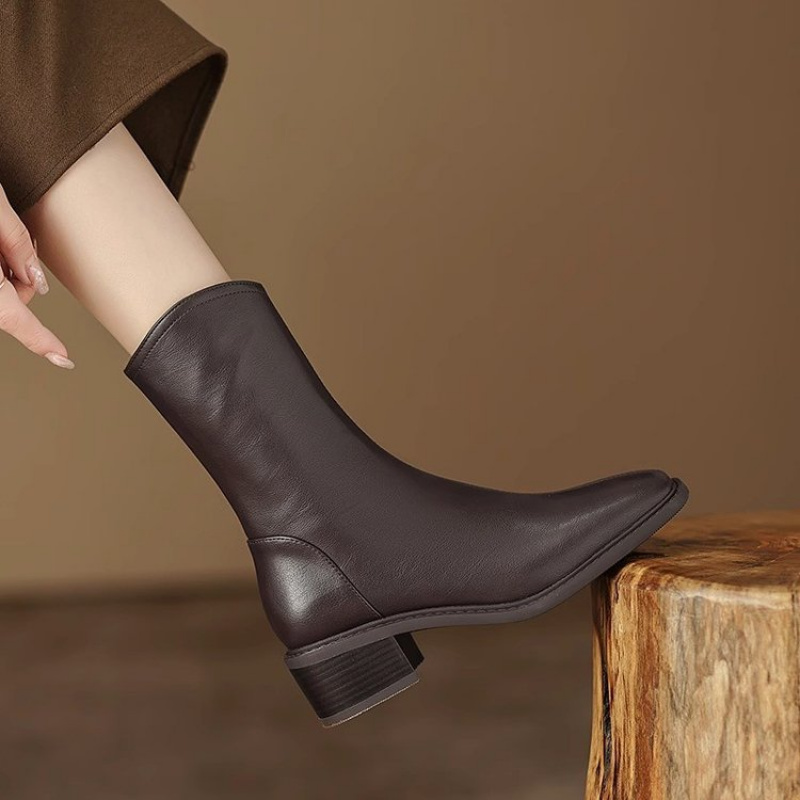 Vintage Fashion Dresses - Damen-Stiefeletten aus Leder mit eckiger Zehenpartie,